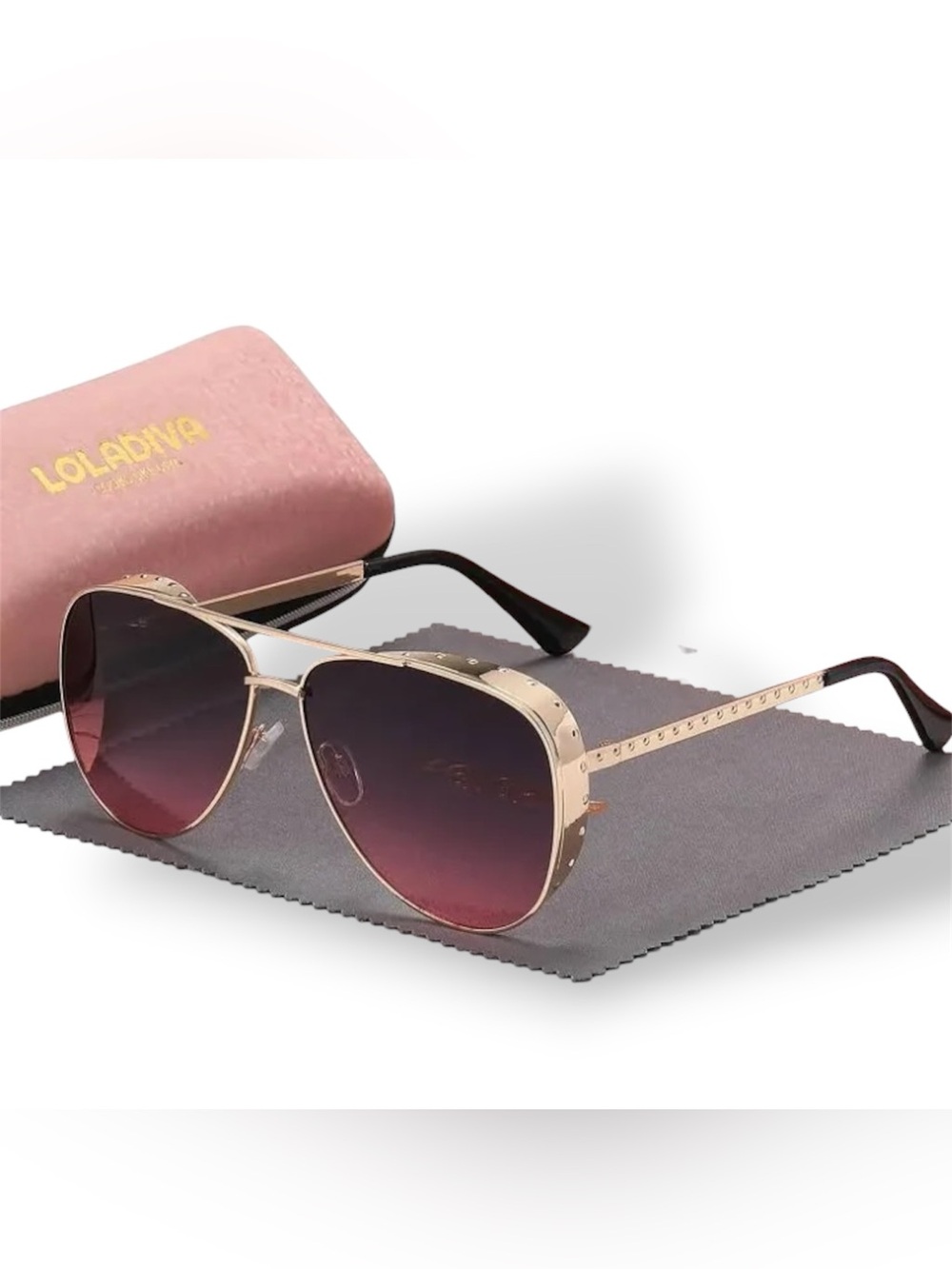 Loladiva Gold Frame Sunglasses with Pink Zip Case & Glass Cloth
